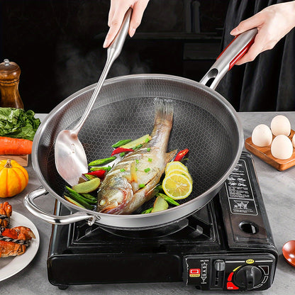 Stainless Steel Frying Pan with Lid and Handle - Perfect for Induction Cooker, Gas Stove, and Camping - Non-Stick Pan for Cooking Fish, Eggs, and Steak - Available in 32cm, 34cm, and 36cm Sizes