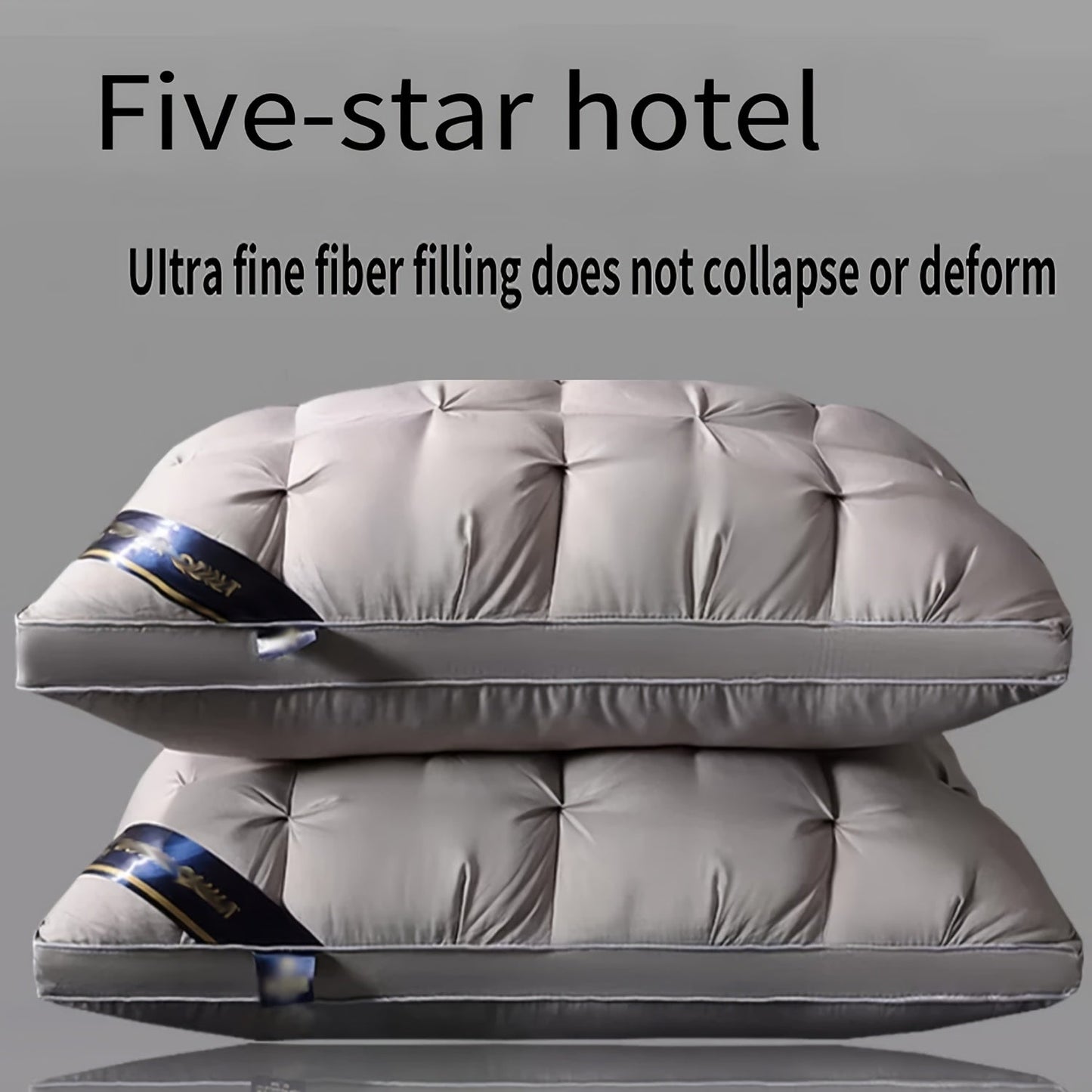 Two high-quality microfiber pillows for luxurious hotels, designed with a compressible flower-crafted neck support and a soft polyester cover. These pillows are dry clean only, made with woven fabric and weigh 95 grams each. They offer a moderate