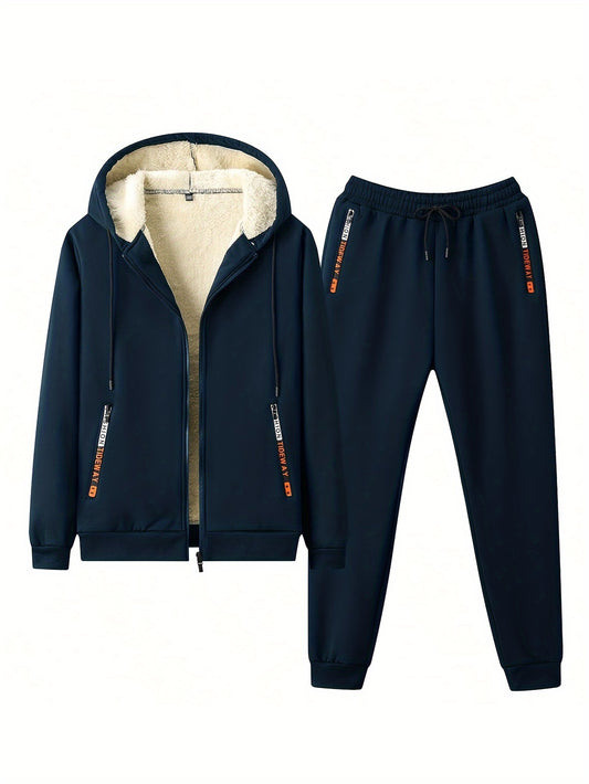 Men's 2-piece fleece lined tracksuit set for gym and running, featuring a full-zip hoodie and jogging pants.