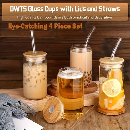 Set of drinking glasses with bamboo lids and glass straws; 16oz can shaped cups for beer, iced coffee and cocktails. Ideal gift for whiskey lovers.