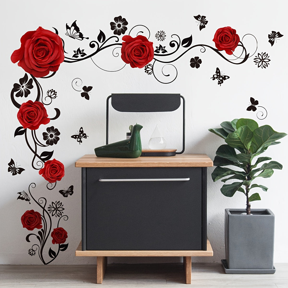 Contemporary Butterfly Rose Vine Wall Decal, Reusable Self-Adhesive Sticker for Living Room Bedroom Decor, Easy to Apply and Remove