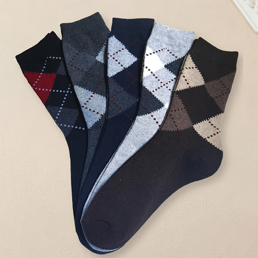 5 pairs of men's geometric pattern crew socks, perfect for all seasons and outdoor activities.