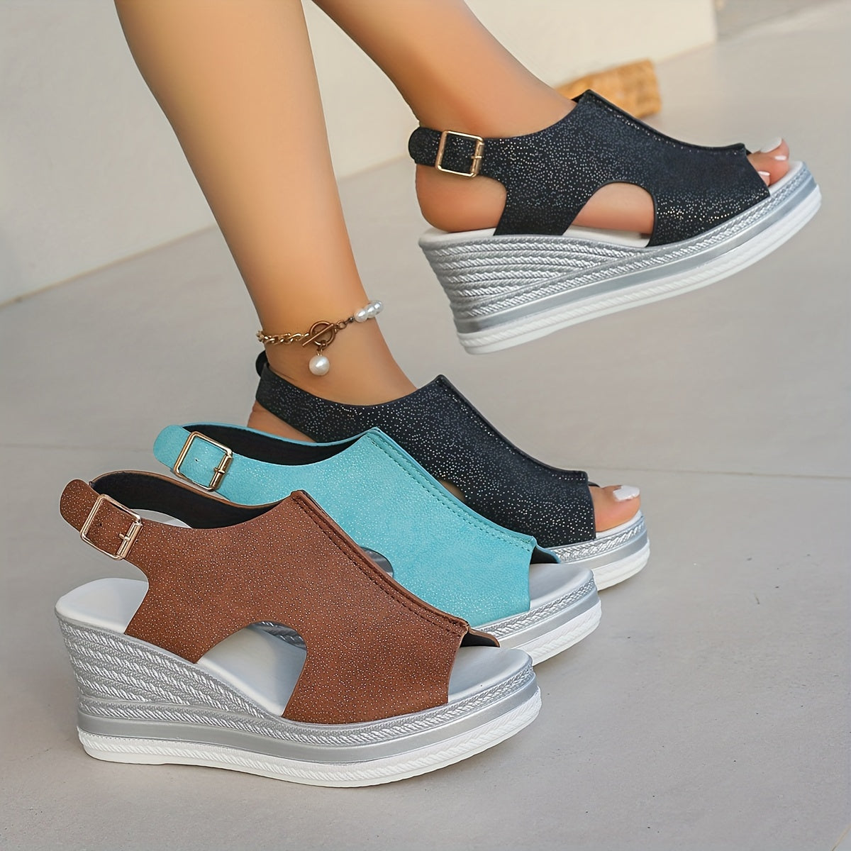 New material fish mouth sandals with thick-soled wedge heel.