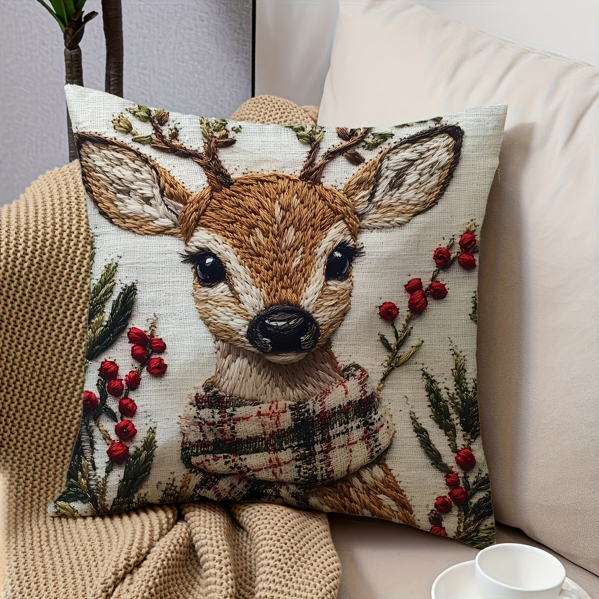 Contemporary style 1pc Christmas reindeer throw pillow cover made of polyester with zip closure. Machine washable and woven for living room decor. Size: 45.72x45.72 cm. Insert not included.