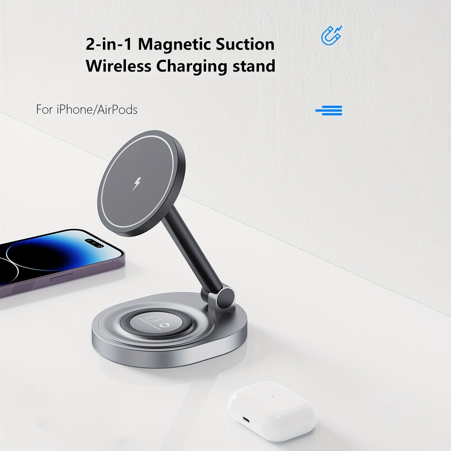 2in1 Fast Magnetic Wireless Charger Stand for iPhone and AirPods, compatible with multiple devices.