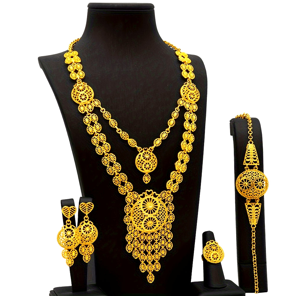 Extravagant 5-Piece Gold-Tone Jewelry Set with Intricate Hollow Carvings - Inspired by Bollywood Fashion, Includes Necklace, Earrings, Bracelet, and Ring - Ideal for Special Occasions like Weddings, Parties, and Ramadan Gifts for Women