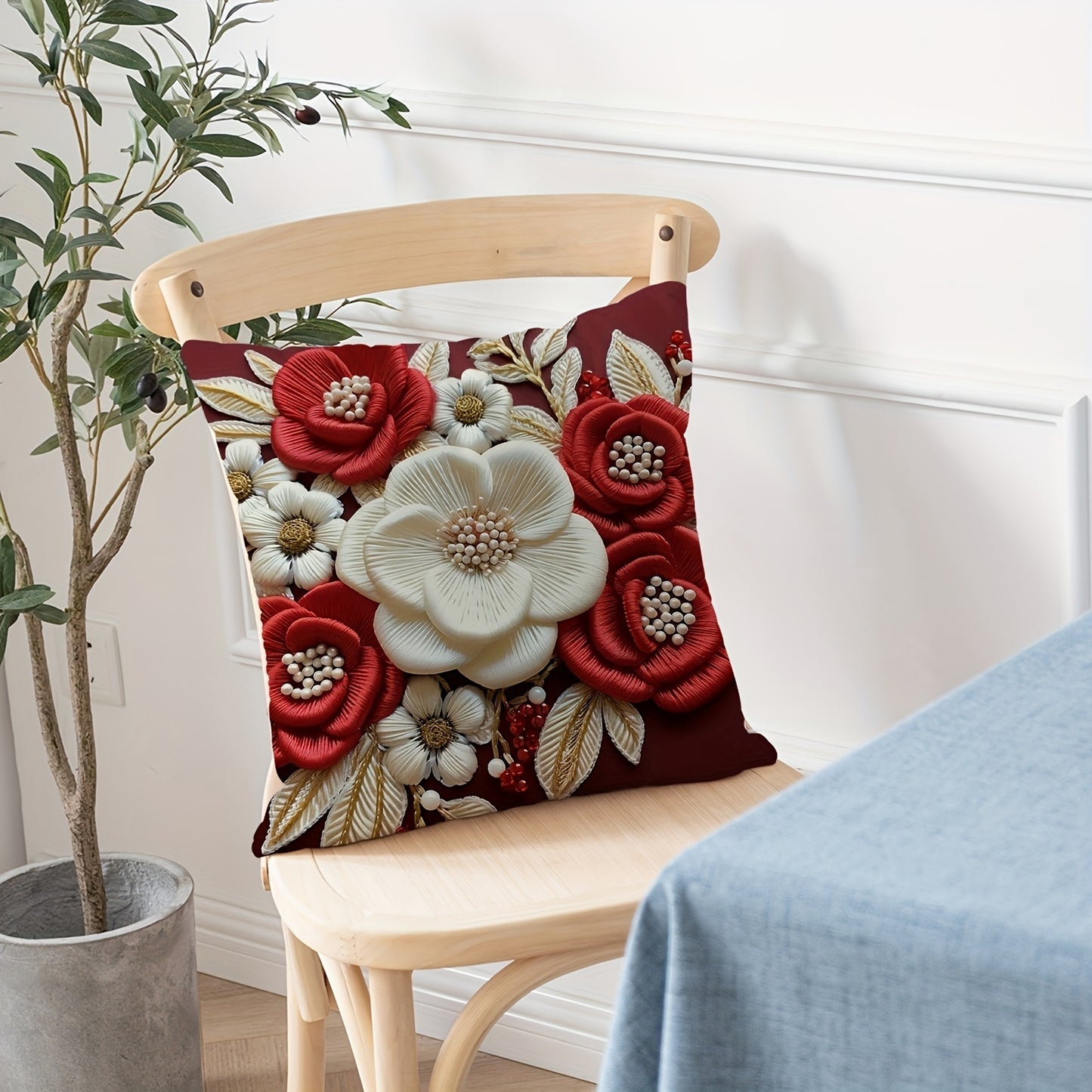 Soft & Cozy 3D Floral Print Red and White Plush Throw Pillow Cover, 44.96cm x 44.96cm with Zip Closure - Ideal for Home, Office, and Car Décor.