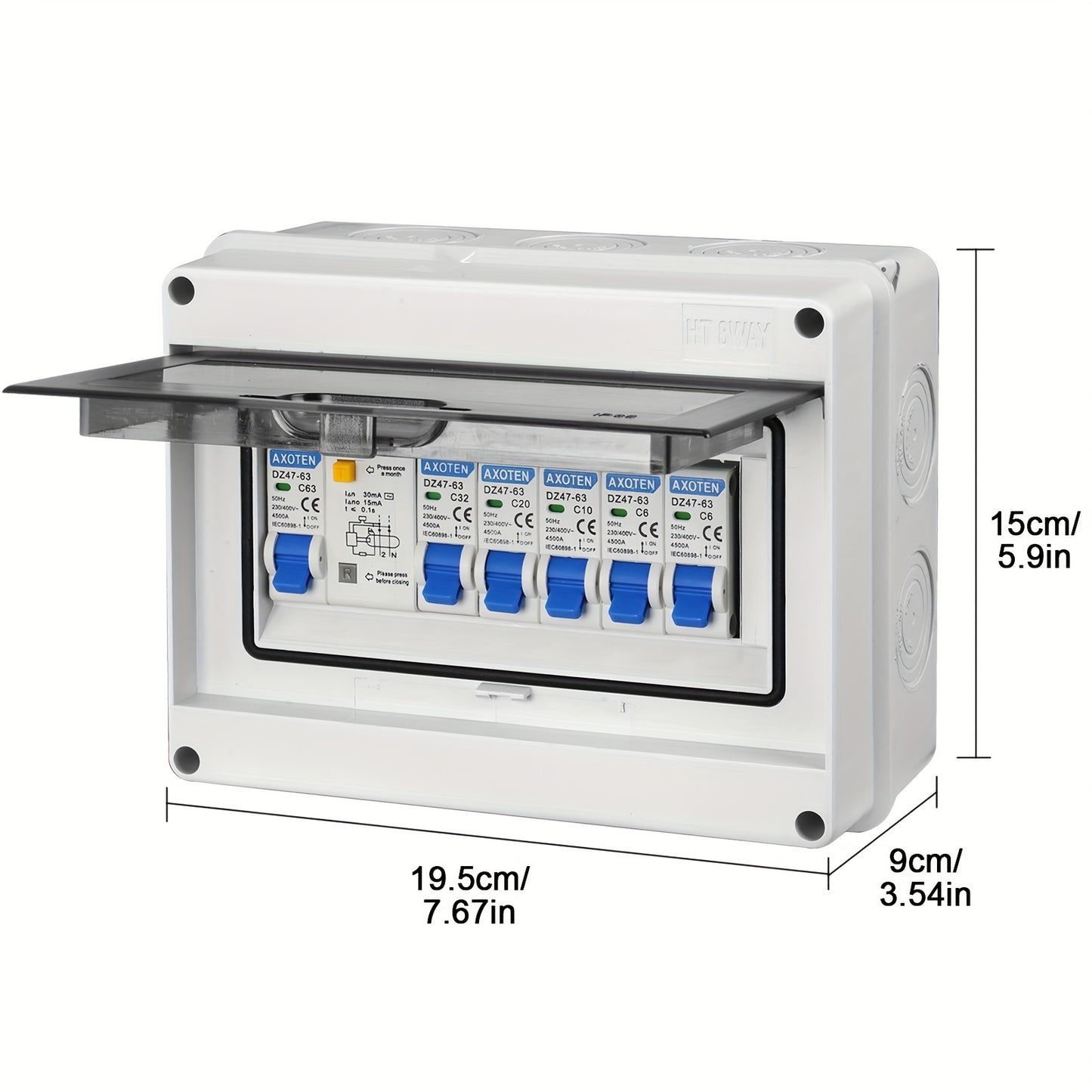 Surface-mounted 5/8/12-circuit micro circuit breaker combination switch box for home/office/shopping center power distribution.