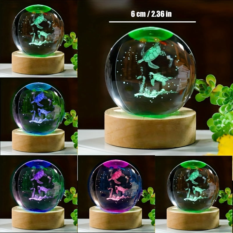 Sea Turtle Crystal Ball with Wooden Light Base – Perfect for Home Decor or as a gift for Turtle Lovers. 5.99 cm.