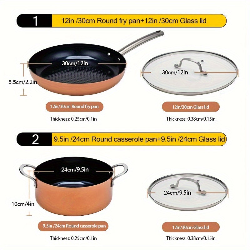 Six-piece Nonstick Frying Pan Set with Sizes 17.78cm, 24.13cm, and 30.48cm, Includes Fry Pan, Casserole Pan, and Sauce Pan with Lids. Oven and Dishwasher Safe, Suitable for All Cooktops. Essential Kitchen Supplies.