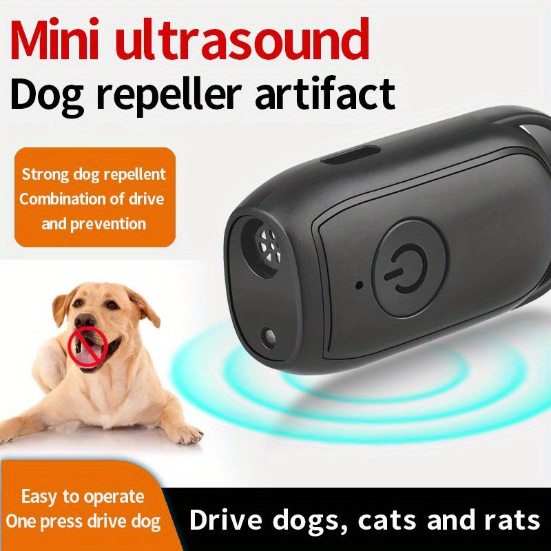 Mini Ultrasonic Dog Repeller with LED light and battery to scare dogs and stop barking.