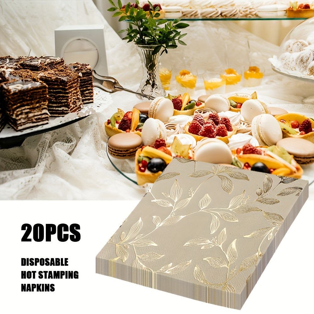 Set of 20 Golden Leaf Pattern Square Paper Placemats - Disposable Table Mats for Easter, Hanukkah, Thanksgiving, Father's & Mother's Day - 33.02x33.02 cm - Machine-Made