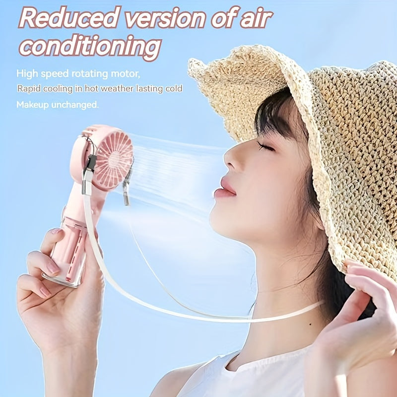 Compact, rechargeable handheld spray fan and mini facial steamer, perfect for on-the-go use during travel and outdoor adventures.