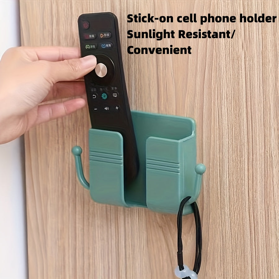 Adhesive Wall Mount Holder with Hooks for Phone Charger and Remote Organization, No-Drill Installation, Convenient Storage for Bedroom or Living Room, Made of Plastic Material, Safe for Non-Food Contact