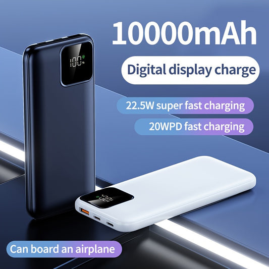 10,000mAh power bank with 22.5W/PD20W fast charging, LED power display, dual input/output, compact and portable for mobile phone charging.