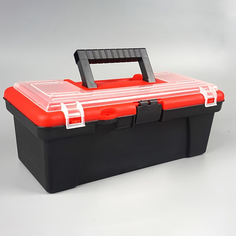 12-inch portable toolbox with top compartment, suitable for car repairs, electricians, and home use. Made of plastic, with screw storage and hand-carry feature.