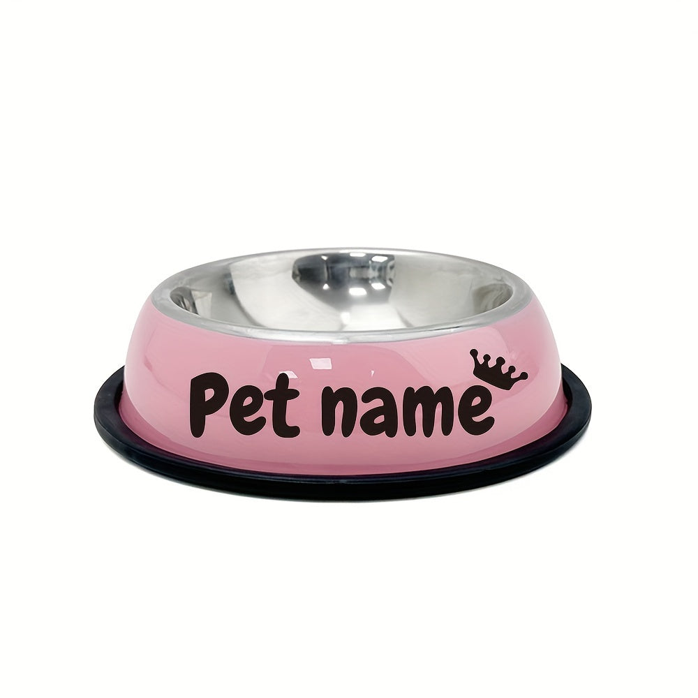 Custom stainless steel dog bowl with non-slip base for small, medium, and large dogs. Personalize with pet's name for food and water.