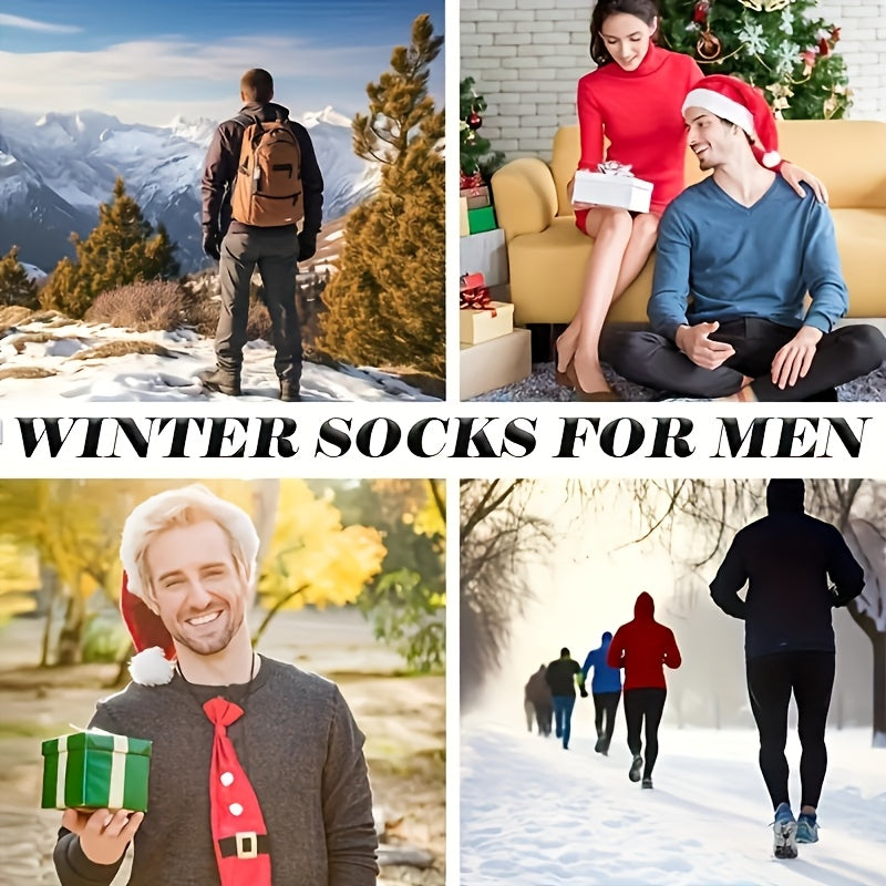 3 cozy thick winter socks for men and women in dark blue, light brown, gray, and greenish-brown. Made of soft polyester blend with ribbed cuffs. Ideal for outdoor sports, warm and sweat