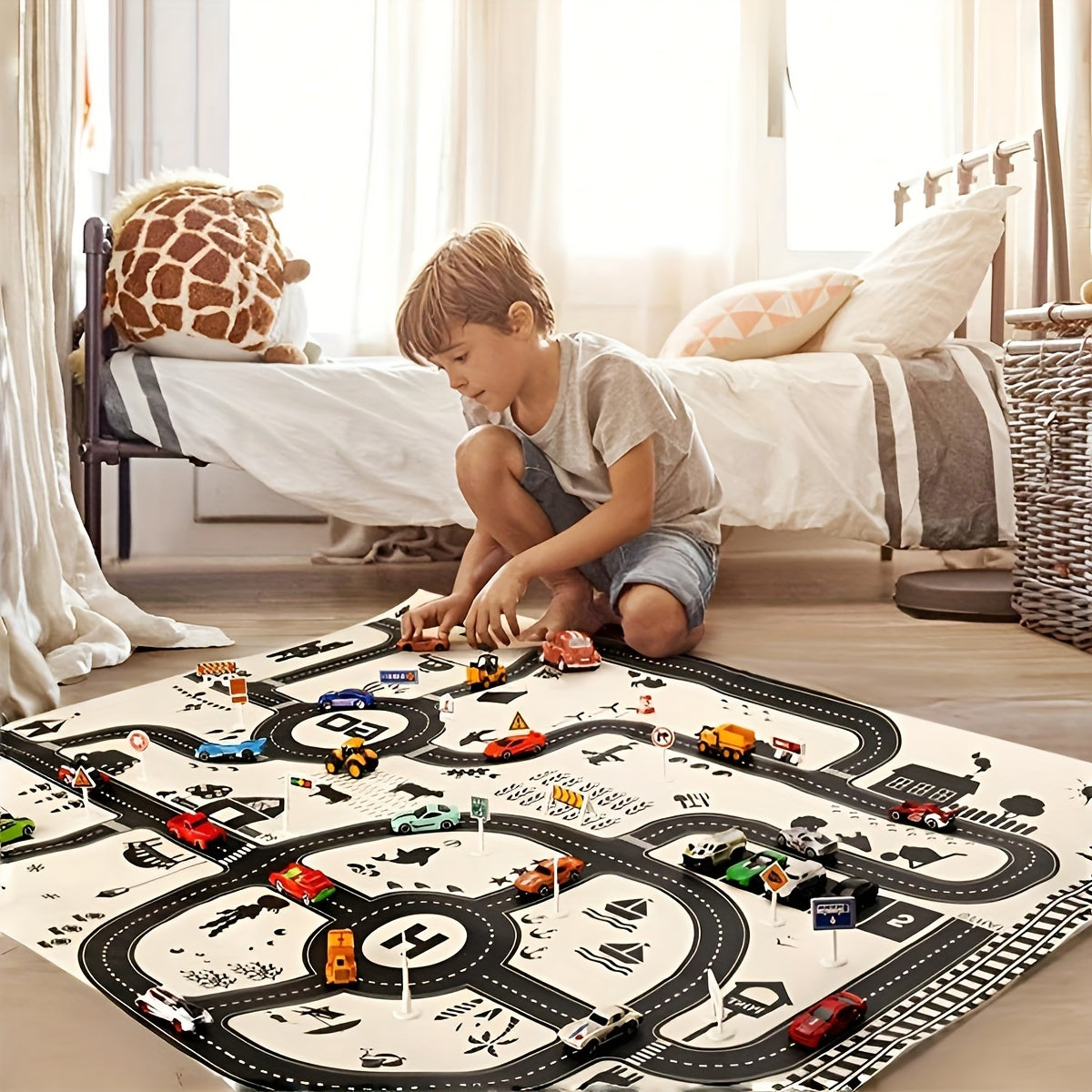 Nordic-inspired black and white parking lot play mat for children with waterproof surface, featuring a city theme traffic map gamepad