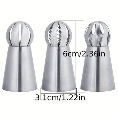 Set of 3 Russian Piping Tips made of durable stainless steel. Perfect for creating intricate designs on cupcakes and cakes, as well as for making puffs. A must-have baking tool and kitchen gadget for any home chef.