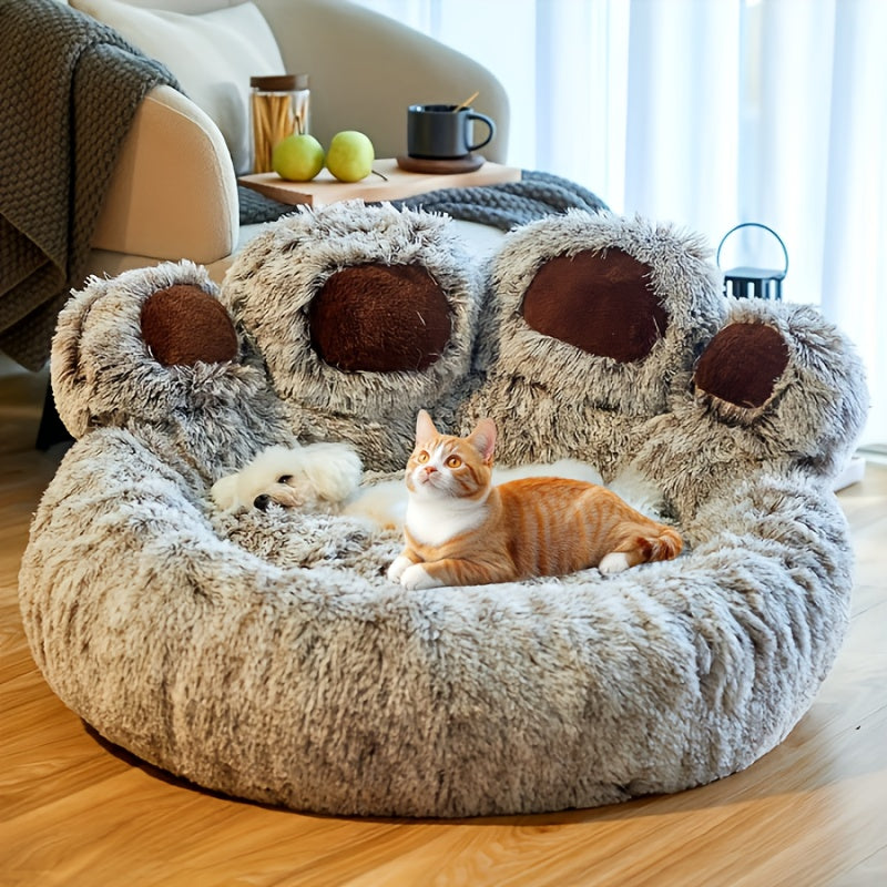 Soft paw-shaped pet bed for small to medium dogs and cats. Warm gray round sofa bed ideal for winter snuggling.