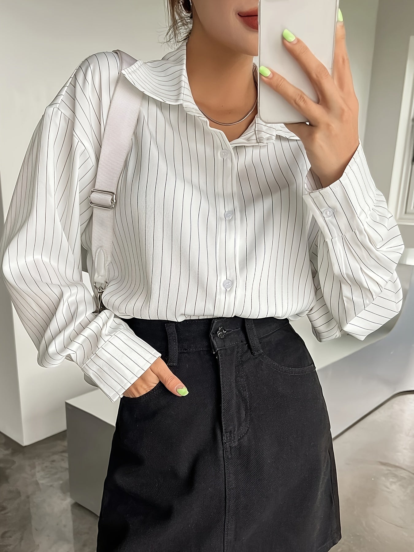 Women's Striped Drop-Shoulder Shirt - White & Black, Long Sleeve, Polyester, Machine Washable, Casual Wear for Spring/Summer/Fall