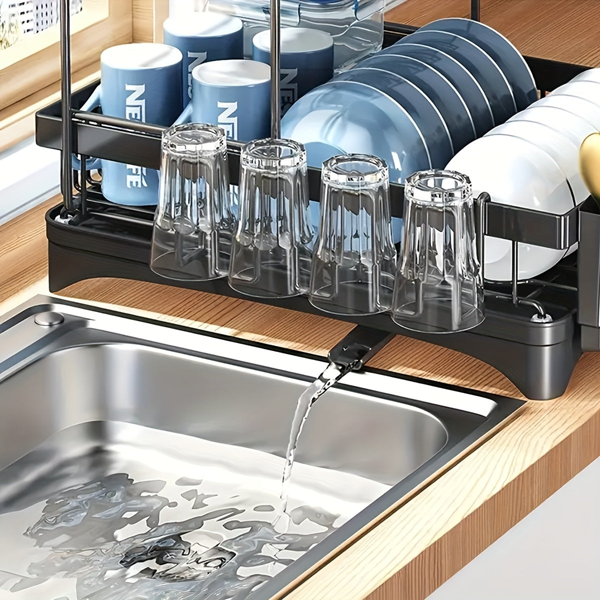 Black double-layer detachable kitchen draining rack for household use. Features water guide pipe, bowl and chopstick holder, knife and fork holder, water cup and plate storage.