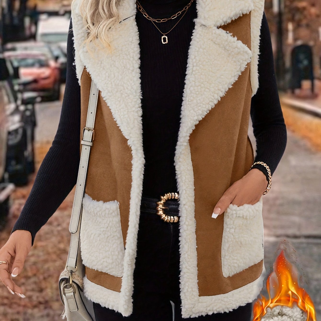 Chic solid color polyester sherpa vest with pockets and lapel collar for all-season warmth.