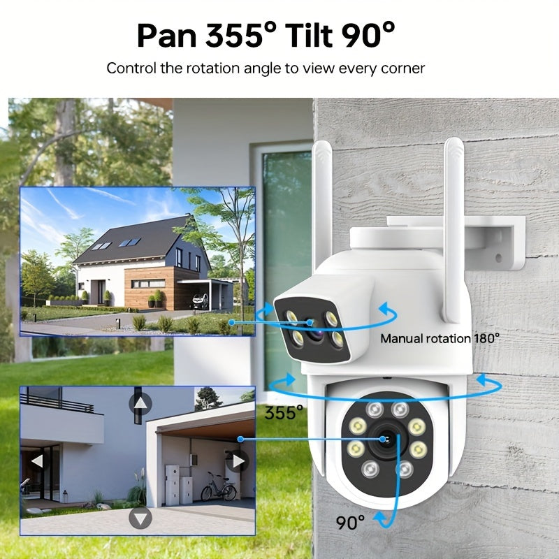 The Zhxinsd Dual Lens 1920P HD WiFi Smart Security Camera features app push notifications, two-way audio, video playback, motion detection, color night vision, and supports both 2.4G and 5G wireless connections. It can be used indoors or outdoors, is USB