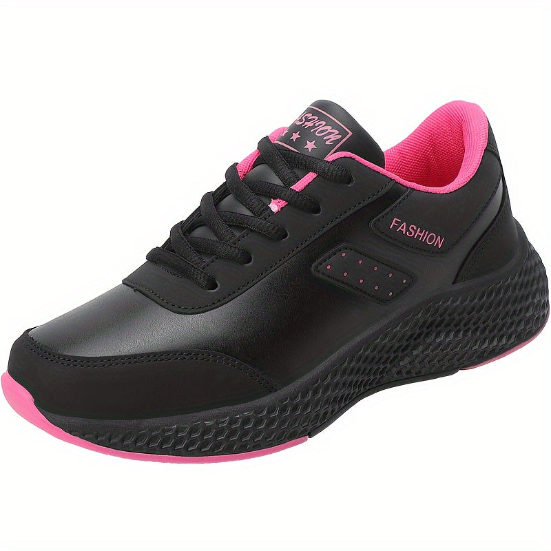 Stylish black running shoes with pink accents, lightweight and comfortable for all seasons. Durable EVA sole and cute design.