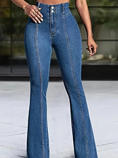 Women's high-waisted stretchy flare jeans with elastic waistband offer a sleek silhouette.