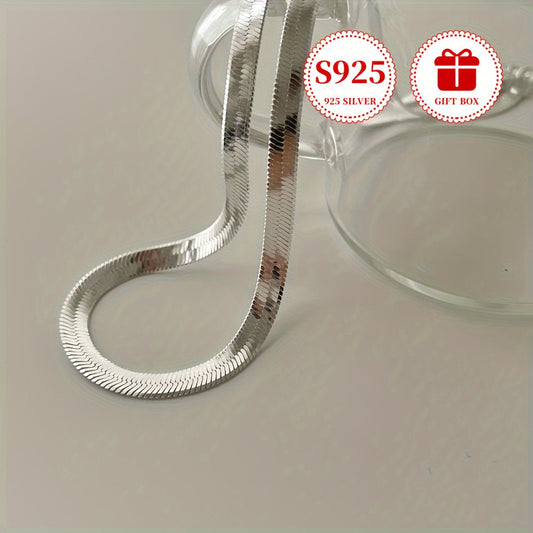 Graceful S925 Sterling Silver Flat Snake Bone Chain Necklace - Featuring a Minimalist Design and Hypoallergenic Material, This Luxury Accessory is Perfect for Both Daily Wear and Parties. It Makes an Ideal Gift for Couples, Comes in an Anti-Tarnish Gift