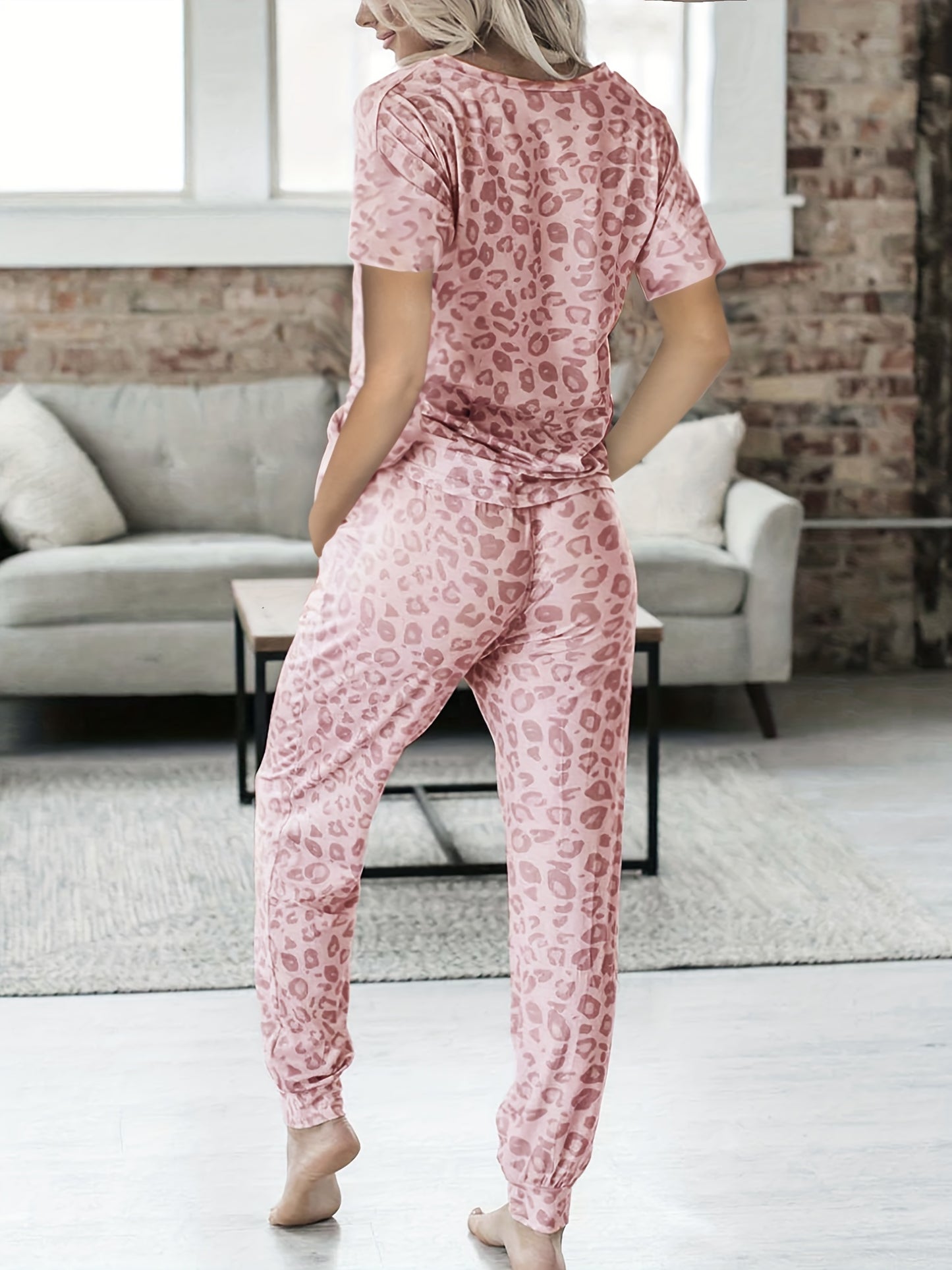 Leopard print pajama set for women: v-neck top, drawstring joggers.