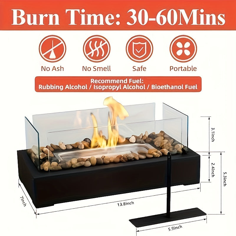 Bio-Ethanol Fireplace Tabletop Rectangle - Stylish and Durable Outdoor Fire Pit with Windproof Glass and Metal Design. Portable and Easy to Assemble, Perfect for Patio, Garden, Balcony Decor and Ambiance Heating. Resistant to Scratches and High