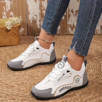 JUKEFULA Women's Colorblock Sneakers - White & Gray, Anti-Slip, Soft PVC Sole, Round Toe, Lace-Up Closure, All Seasons