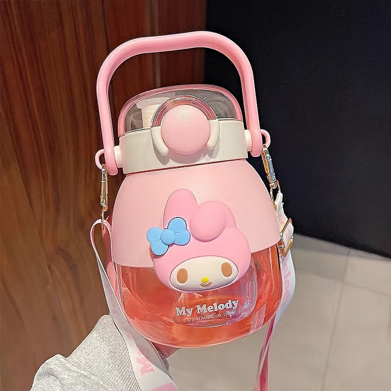 Large 35.5oz Sanrio water bottle featuring Kuromi & Melody designs. Leakproof with straw, portable for travel & fitness. Made of Tritan material, hand-wash only.