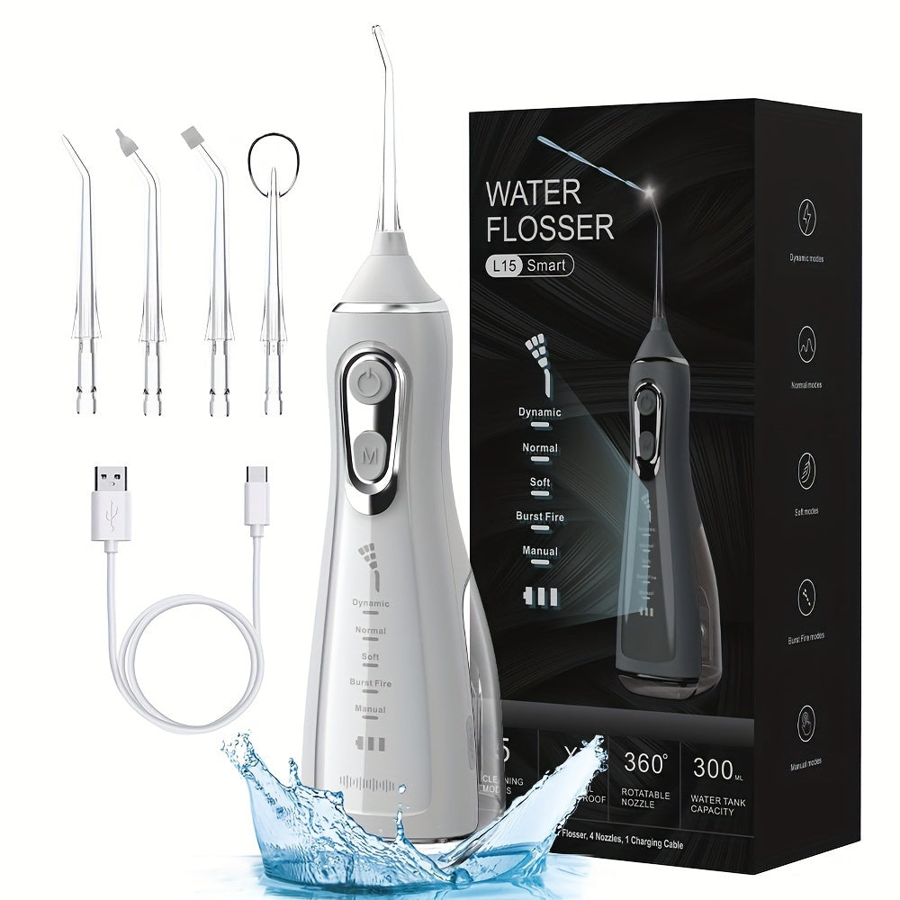 Rechargeable Water Flosser with USB charging, 5 modes, 360° cleaning, 2000mAh lithium battery, ideal gift for men and women.