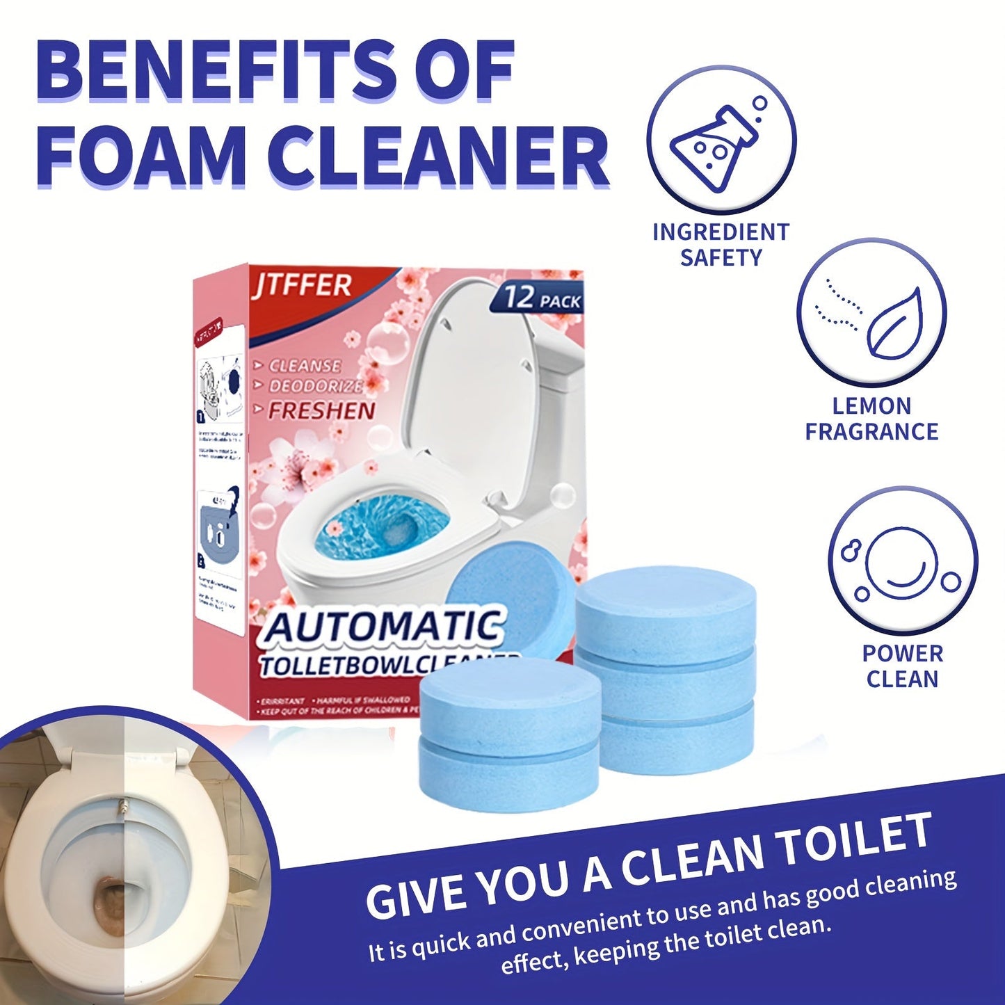 JTFFER Automatic Toilet Bowl Cleaner Tablets come in a 12-pack and are formulated with antibacterial citric acid to effectively clean and freshen ceramic surfaces. These tablets provide long-lasting freshness, deodorize, and help to break down tough