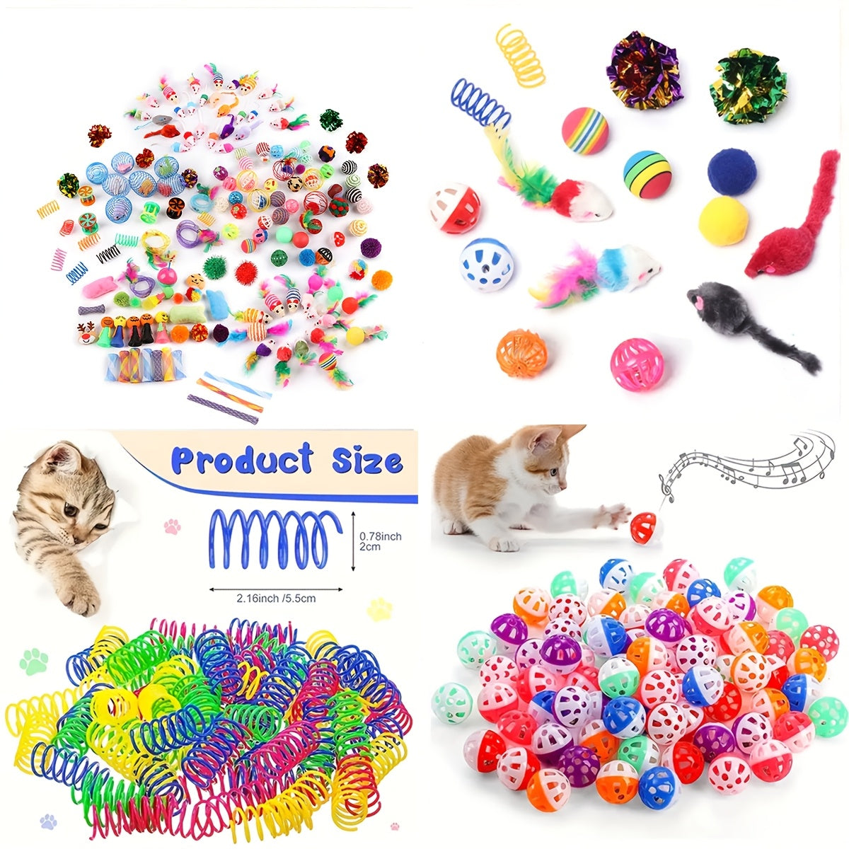 Mixed pack of 200/64/32/16 cat toys, including plastic and plush toys for multiple cats. Variety allows for different toys daily. Randomly shipped in various colors, styles, shapes, and