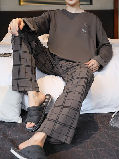 Men's plaid pajama set made of polyester knit fabric with slight stretch, includes crew neck long sleeve top and pants for loungewear sleepwear in spring/summer/fall.