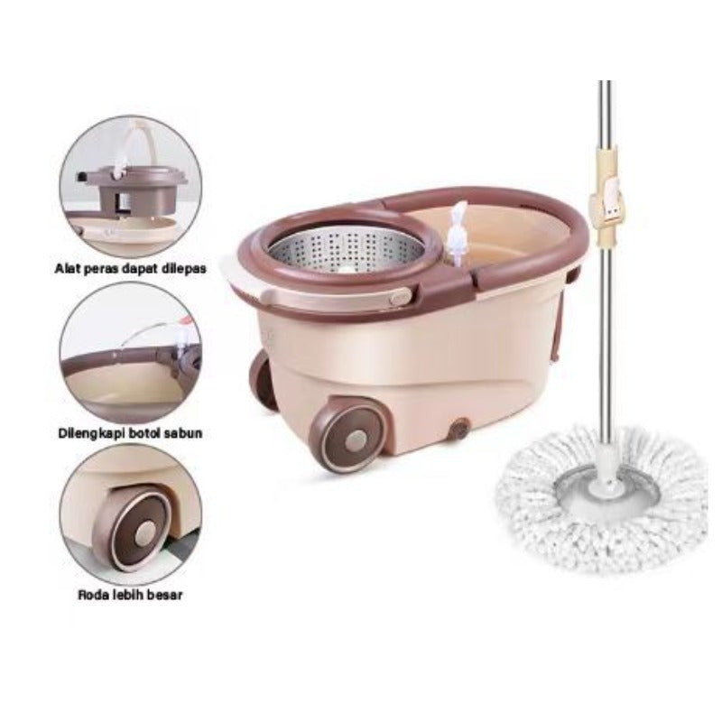 Easy Spin Mop and Bucket Set includes 1 stainless steel-handled mop, dual-drive rotating system, hands-free washing feature, 4 reusable microfiber mop heads. Ideal for cleaning living rooms, bedrooms, bathrooms, toilets, and kitchens.