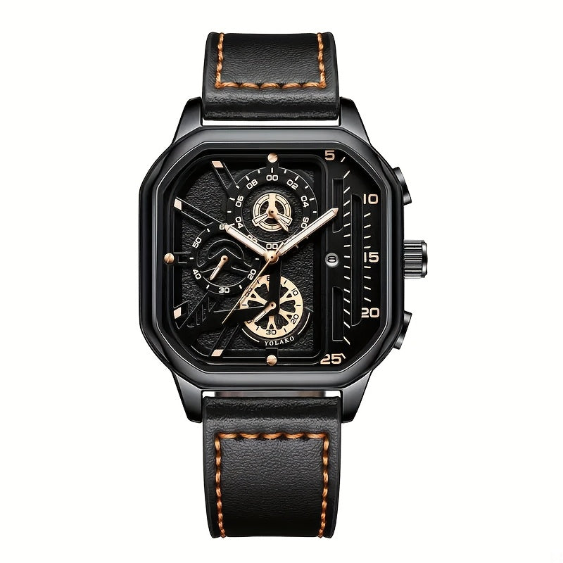 Men's sports watch with quartz movement, square alloy case, faux leather strap. Non-waterproof and battery powered with calendar feature. Stylish for everyday wear.