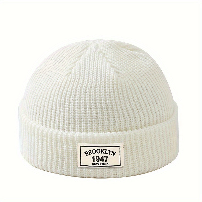 Knitted beanie for men - warm and elastic winter hat with letter patch, perfect for active leisure and holiday gifting, including Valentine's Day.