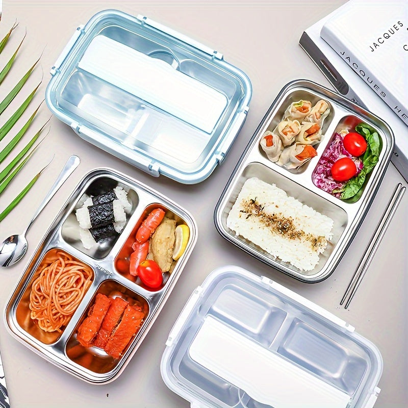 Leak-proof stainless steel lunch box with 3 compartments: ideal for students, office workers, and on-the-go meals.