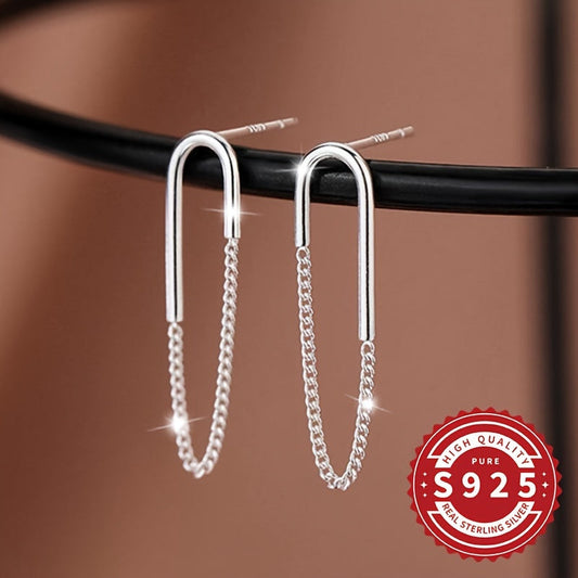 These women's S925 silver earrings feature a chic U-shaped chain design and tassel pendant, perfect for daily wear in any setting. Simple and stylish, they make a great gift for women with sensitive skin, weighing just 2.25g.