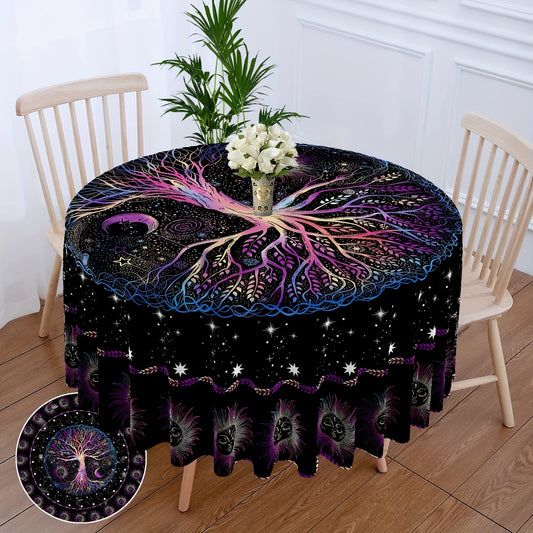 63" Round Boho Tablecloth with Sun Moon Star Tree Pattern, Stain-resistant, Absorbent, and Wrinkle-free. Ideal for indoor/outdoor use as a circle table cover for home, kitchen, dining, party, patio. Can also be used as room décor or scene décor.