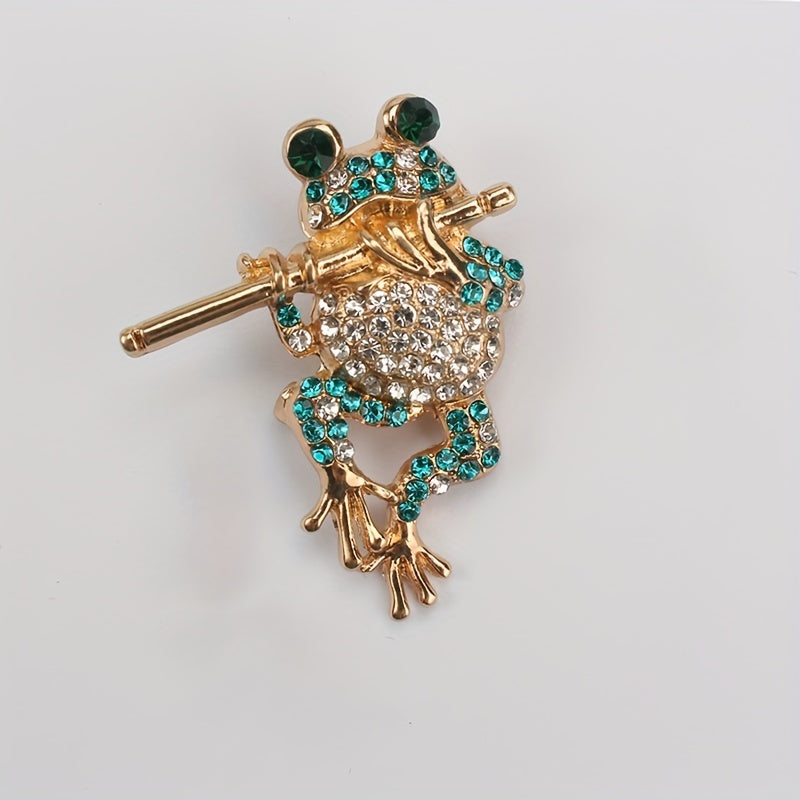 Rhinestone Brooch Featuring Frog Playing Flute, Elegant Women's Fashion Accessory