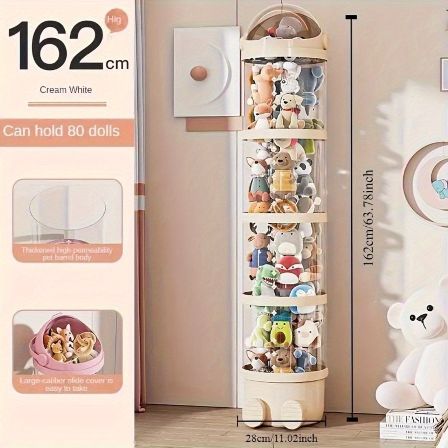 Acrylic doll storage organizer with multi-layer transparent display stand for plush toys and puppets. Round flip design made of durable plastic, no electricity needed. Perfect for home organization.