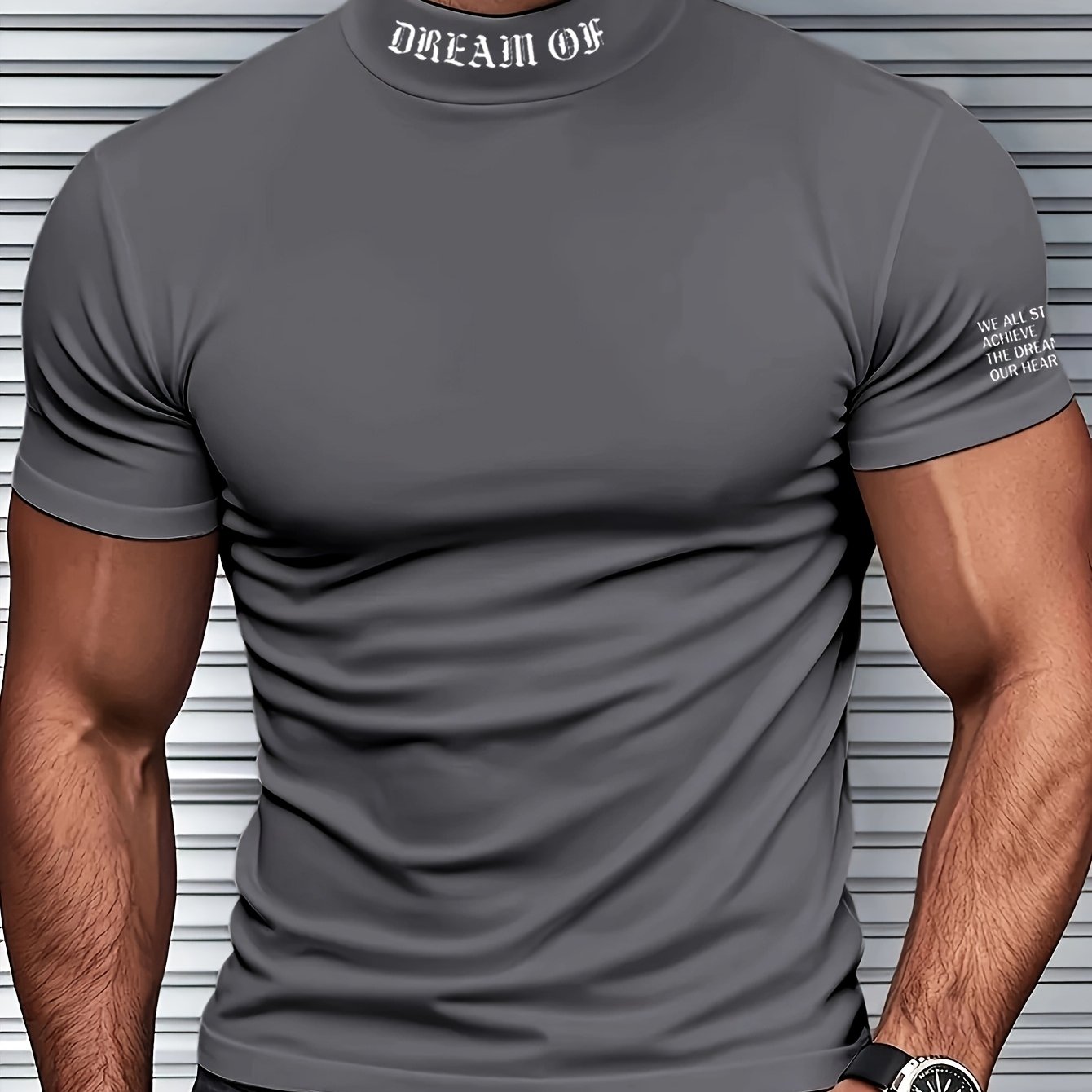 Breathable men's short sleeve t-shirt with random print, made of polyester spandex blend. Features stand collar, slight stretch, skinny fit, and knit fabric. Suitable for all seasons