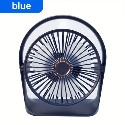 The Portable LED Display Fan features a 6-inch transparent blade with backlighting, designed to be clipped on or used with the stand. It is USB rechargeable with a 1200mAh lithium battery and operates quietly, making it perfect for use in offices